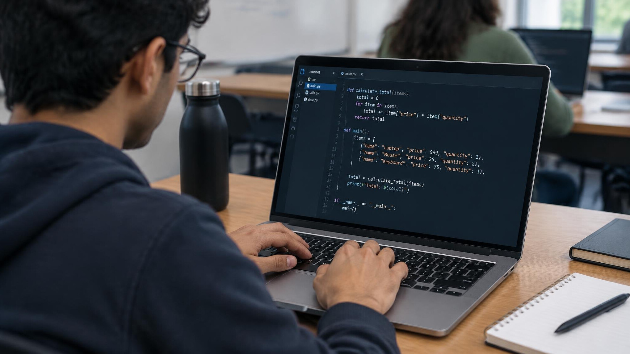 person coding on laptop
