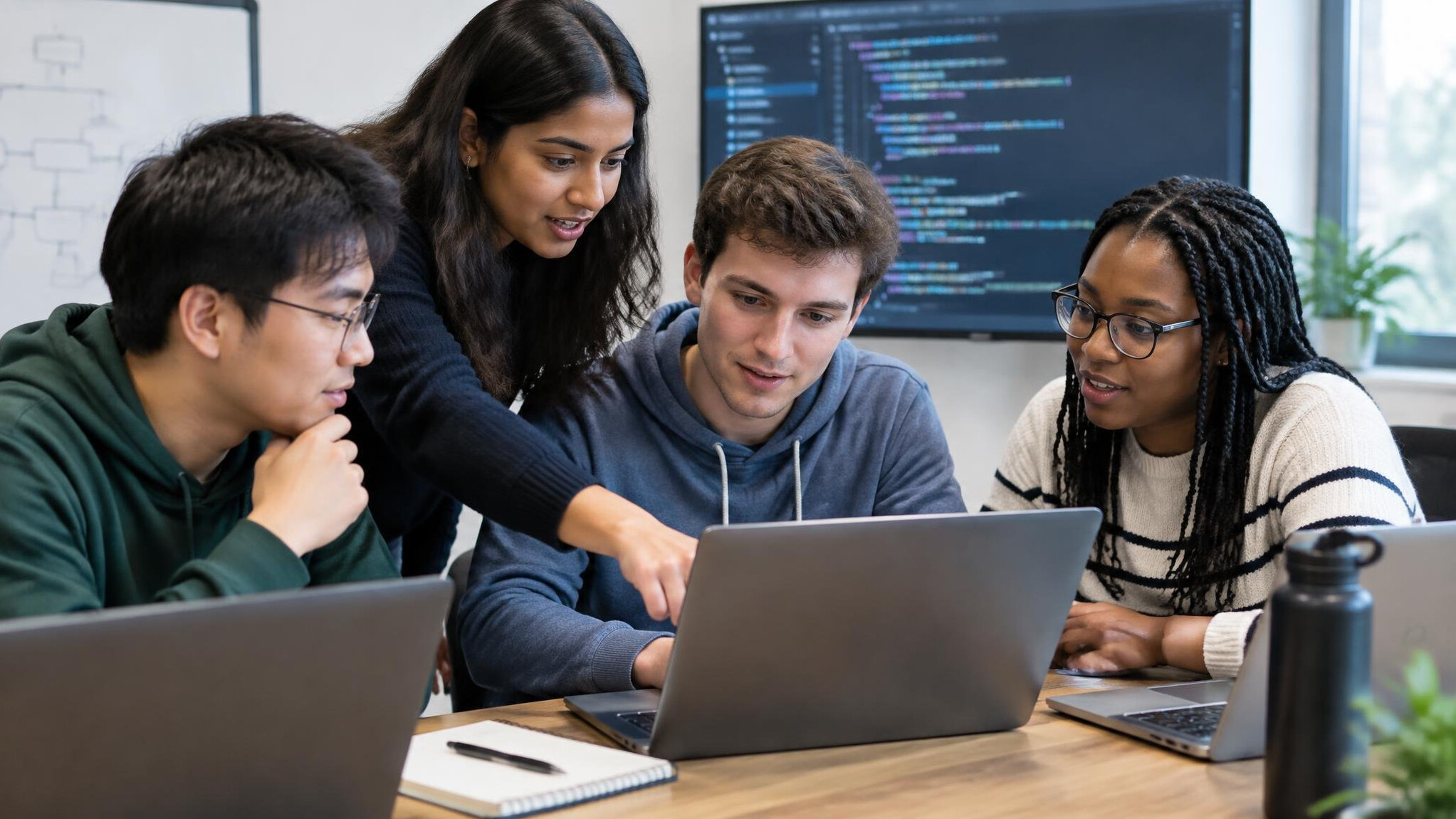 group of students collaborating on code