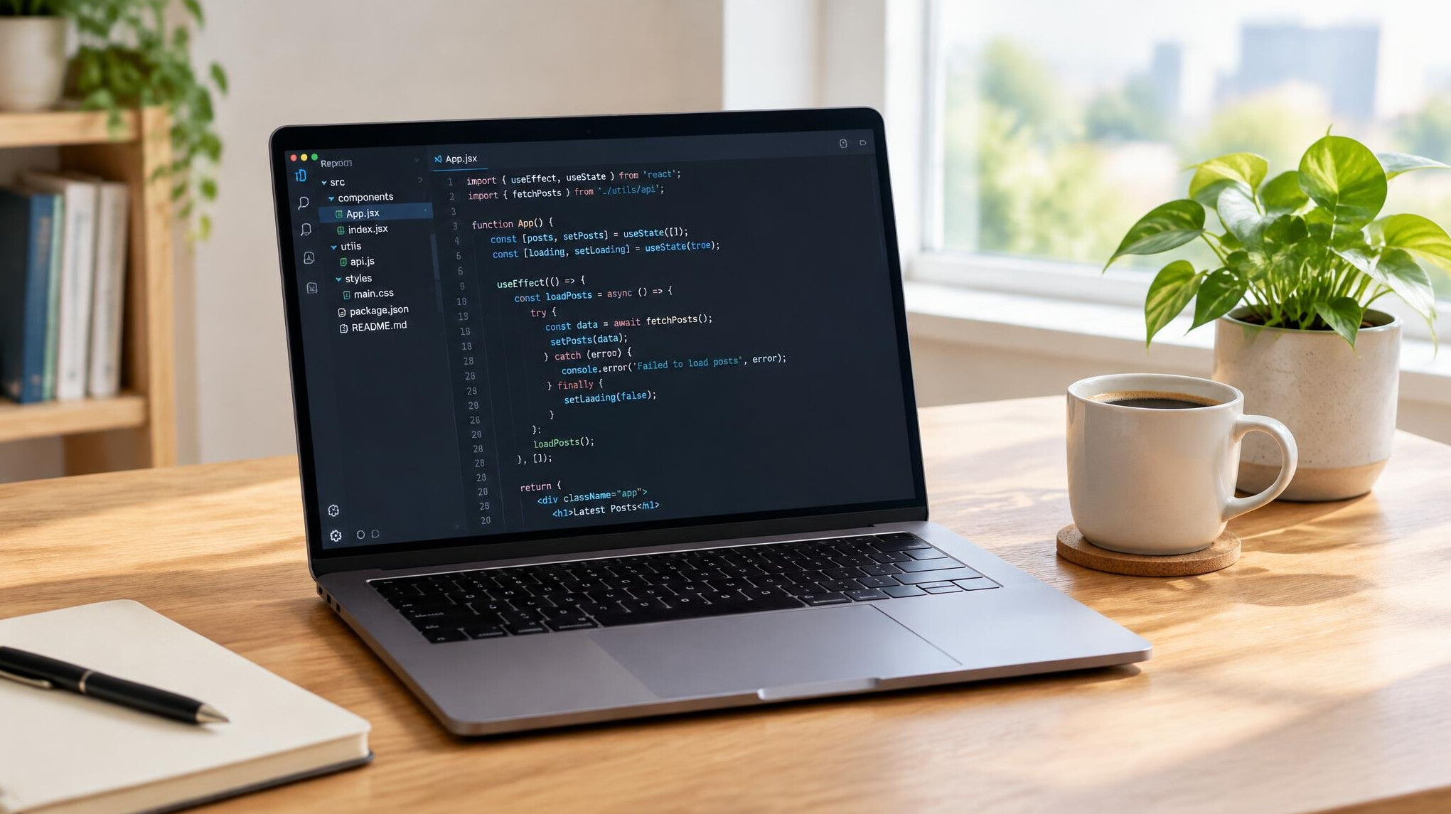 Laptop with code beside a coffee cup