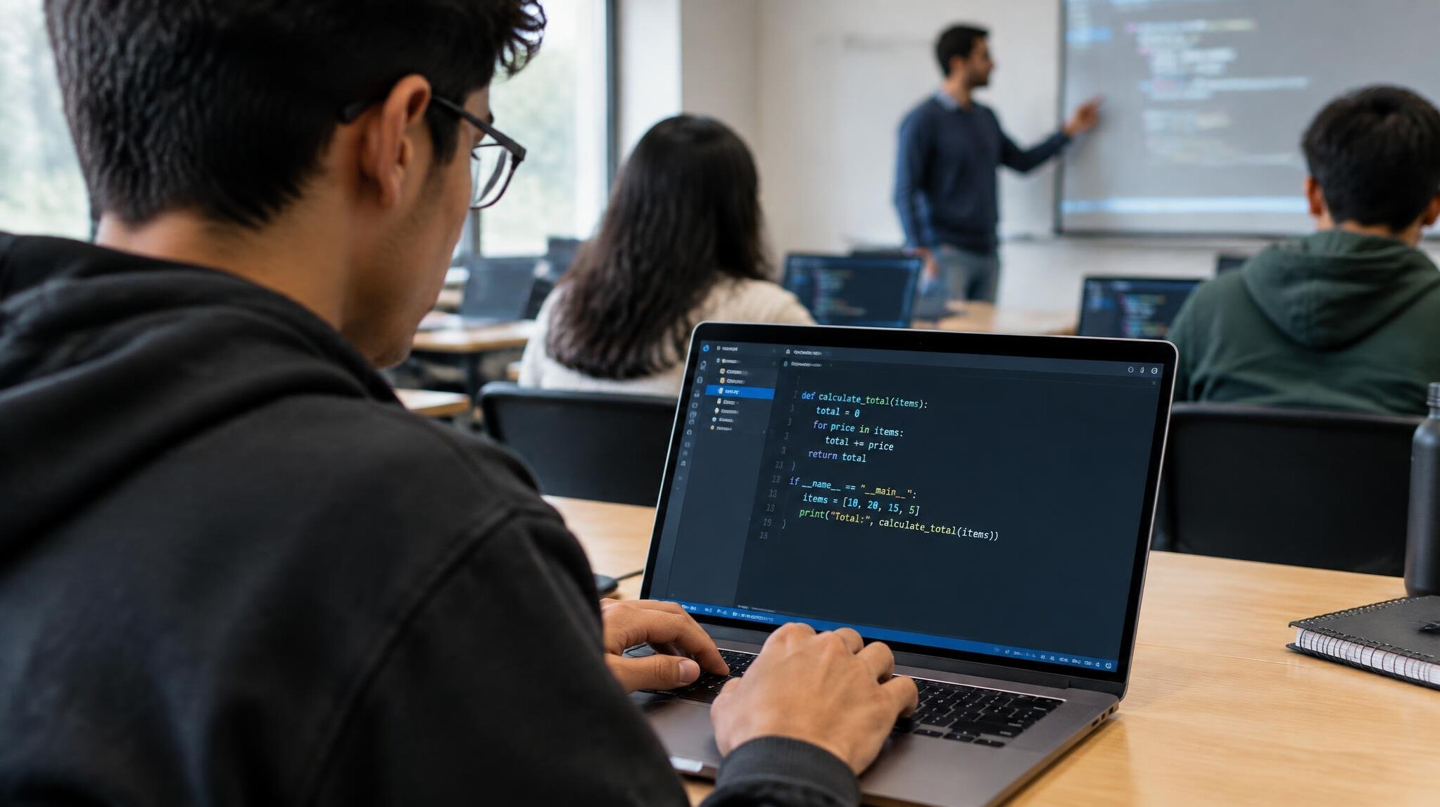 student coding on laptop in classroom
